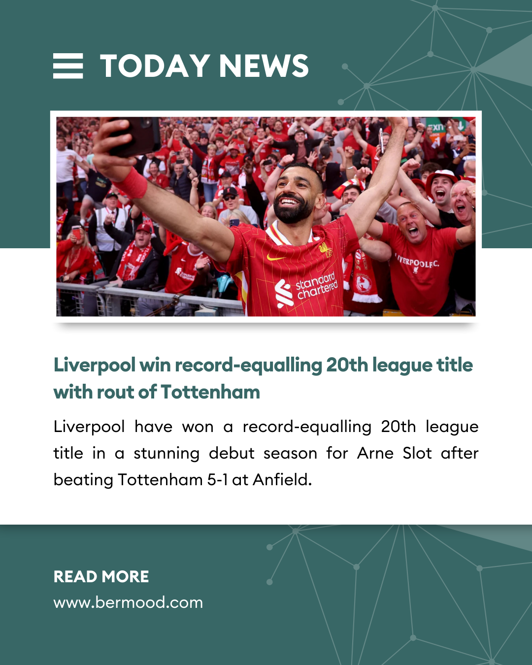 Liverpool win record-equalling 20th league title with rout of Tottenham.